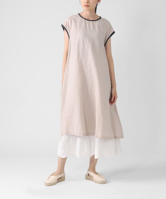 バービー 綿麻素材のパイピングフレンチスリーブドレス/BRAND,BASCO