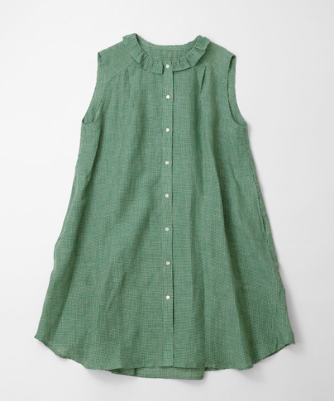 テリーチュニ　麻ギンガムチェックのフリル襟チュニック