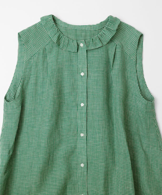 テリーチュニ　麻ギンガムチェックのフリル襟チュニック