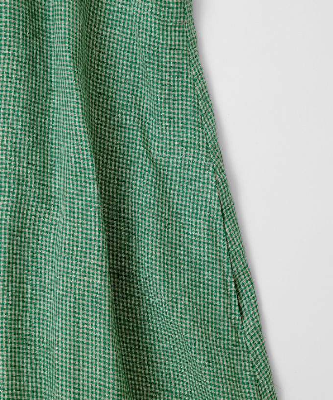 テリーチュニ　麻ギンガムチェックのフリル襟チュニック