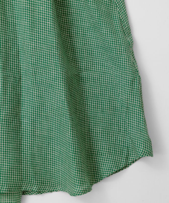 テリーチュニ　麻ギンガムチェックのフリル襟チュニック