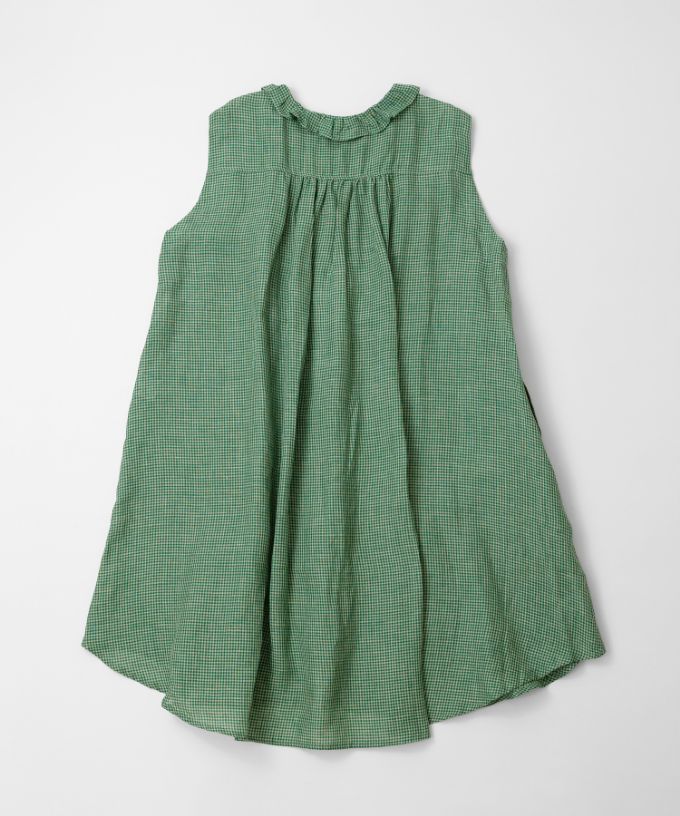 テリーチュニ　麻ギンガムチェックのフリル襟チュニック