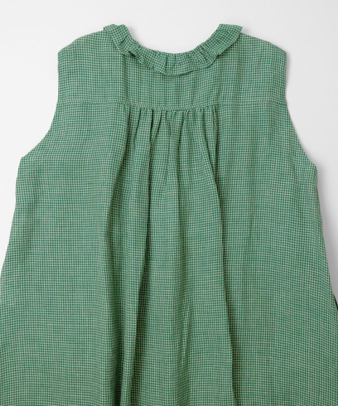 テリーチュニ　麻ギンガムチェックのフリル襟チュニック