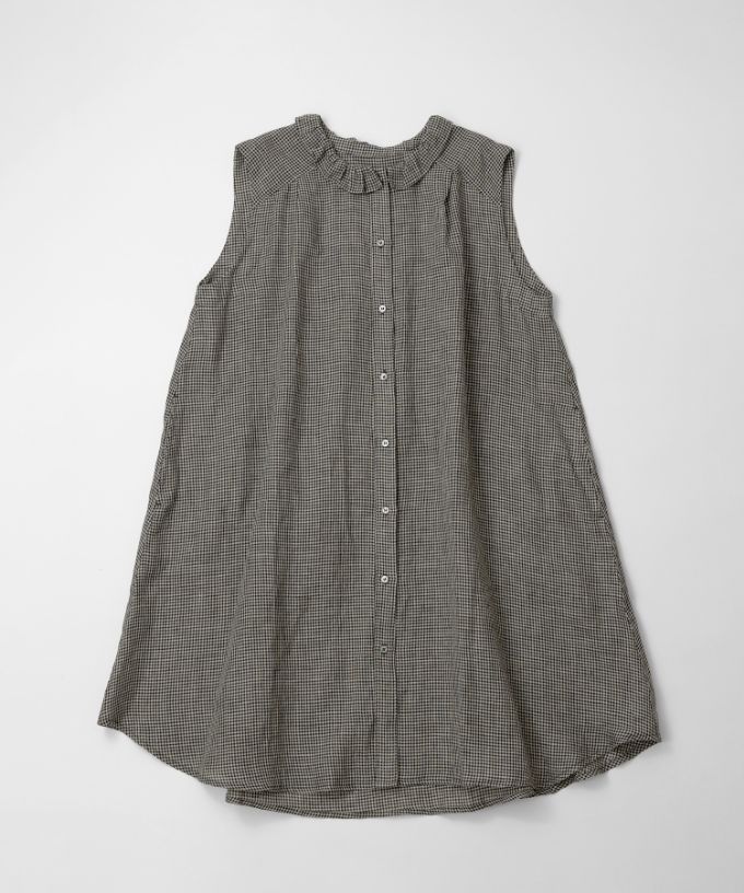 テリーチュニ　麻ギンガムチェックのフリル襟チュニック