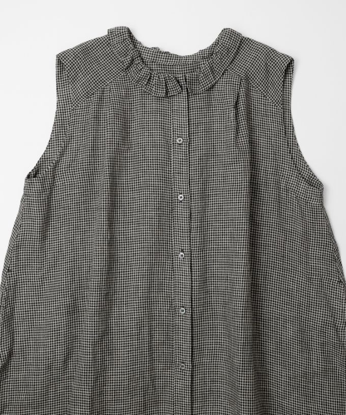 テリーチュニ　麻ギンガムチェックのフリル襟チュニック