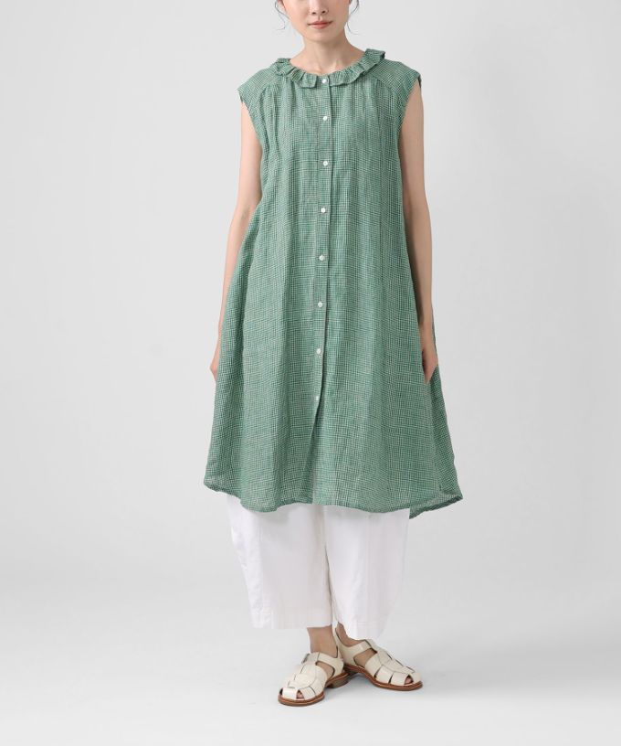 テリーチュニ　麻ギンガムチェックのフリル襟チュニック