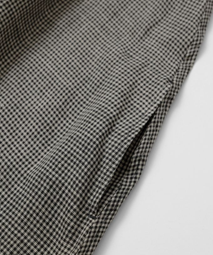 テリーチュニ　麻ギンガムチェックのフリル襟チュニック