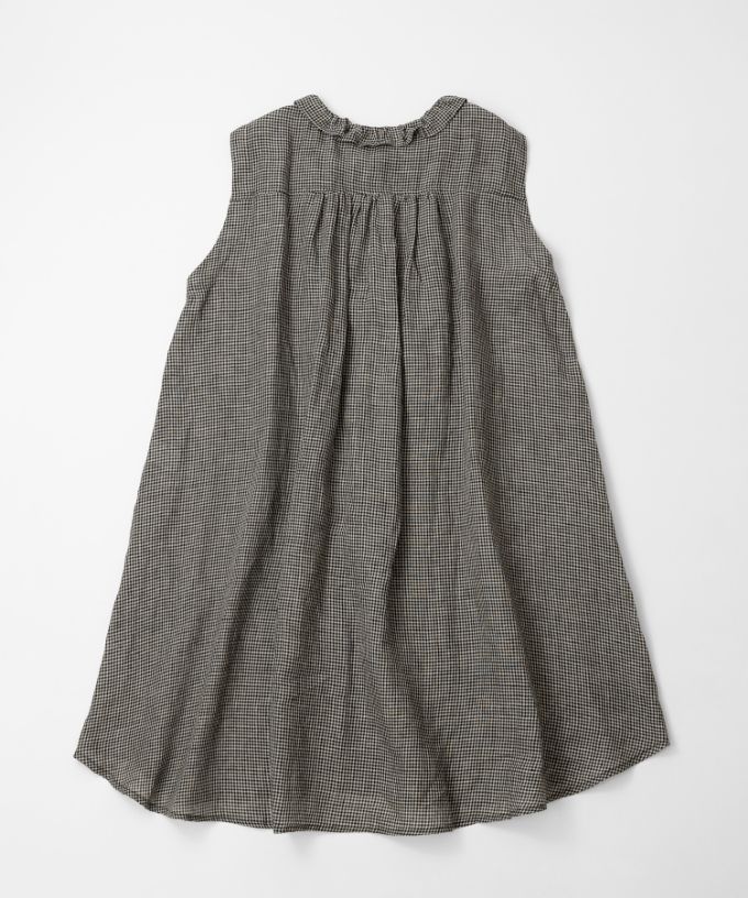 テリーチュニ　麻ギンガムチェックのフリル襟チュニック