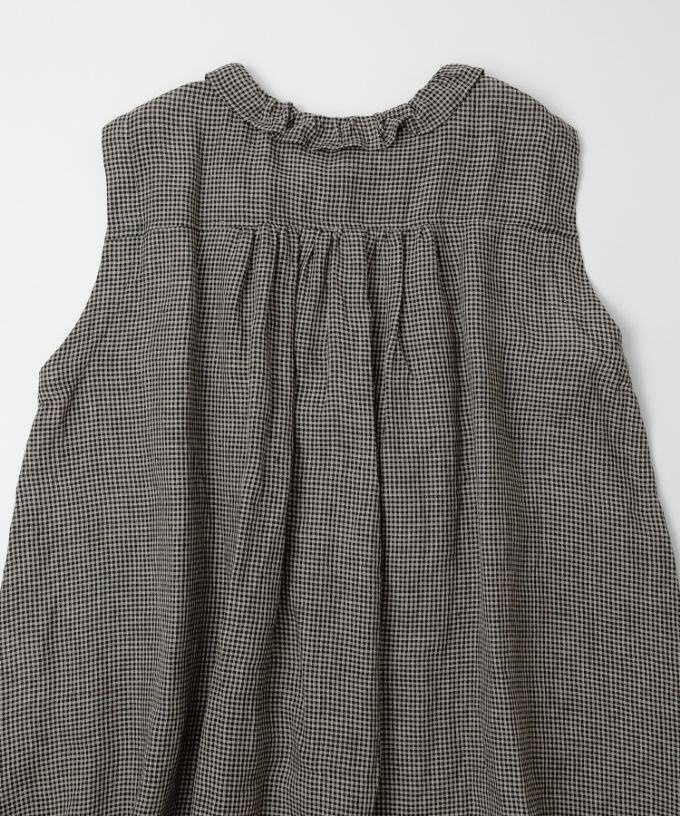 テリーチュニ　麻ギンガムチェックのフリル襟チュニック