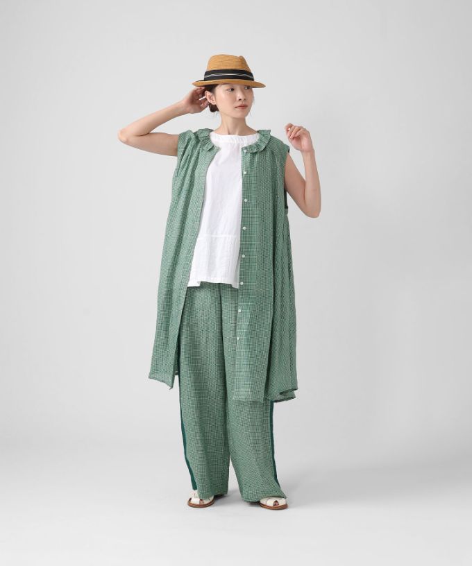 テリーチュニ　麻ギンガムチェックのフリル襟チュニック