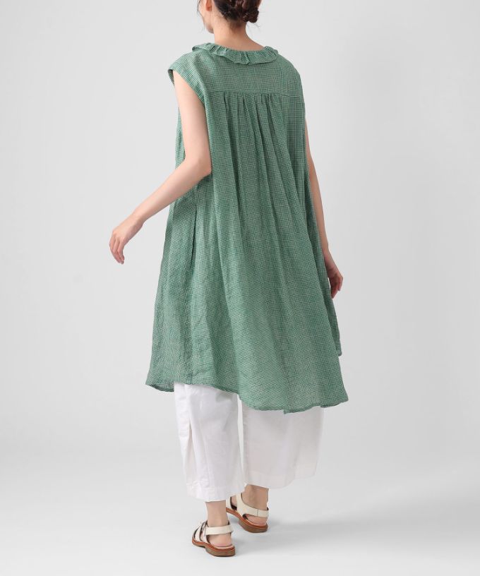 テリーチュニ　麻ギンガムチェックのフリル襟チュニック