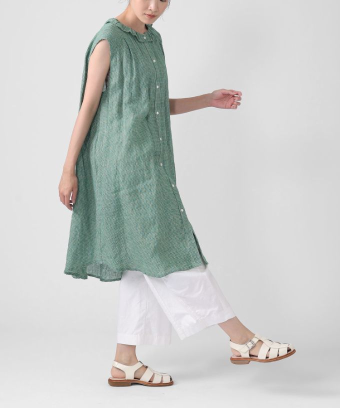 テリーチュニ　麻ギンガムチェックのフリル襟チュニック