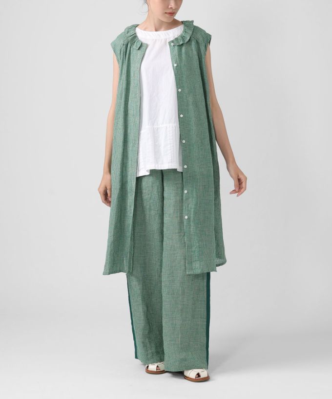 テリーチュニ　麻ギンガムチェックのフリル襟チュニック