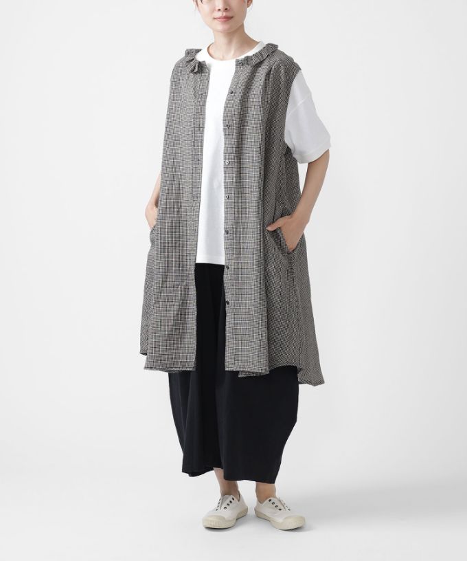 テリーチュニ　麻ギンガムチェックのフリル襟チュニック