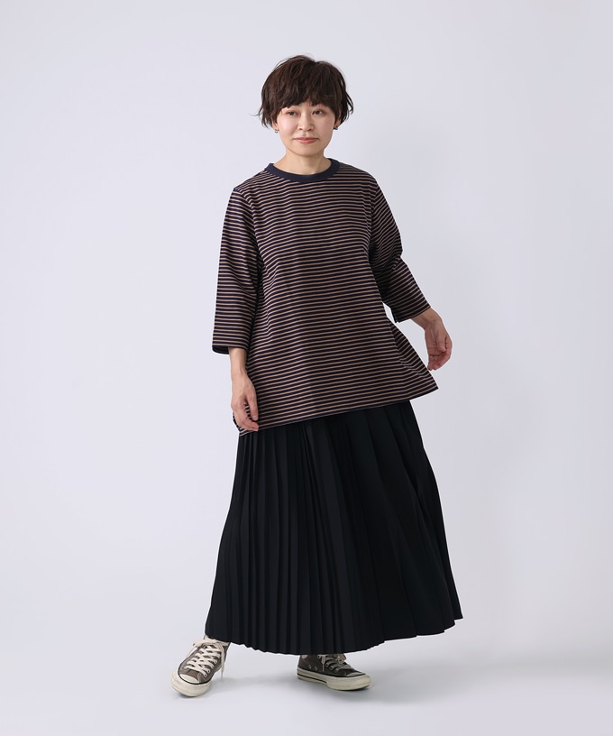 イリストップ・Ｂ　ボーダーリブ切り替え8分袖トップス