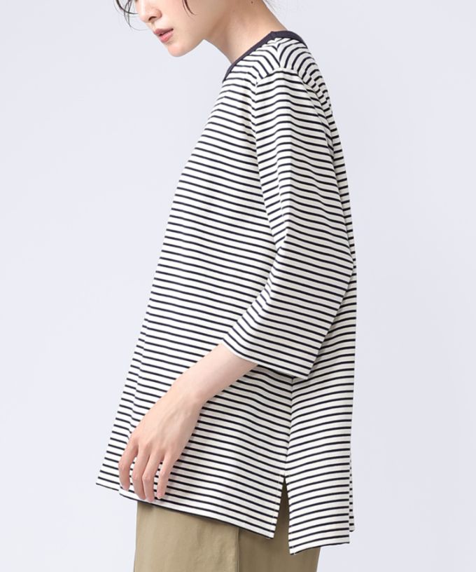 イリストップ・Ｂ　ボーダーリブ切り替え8分袖トップス