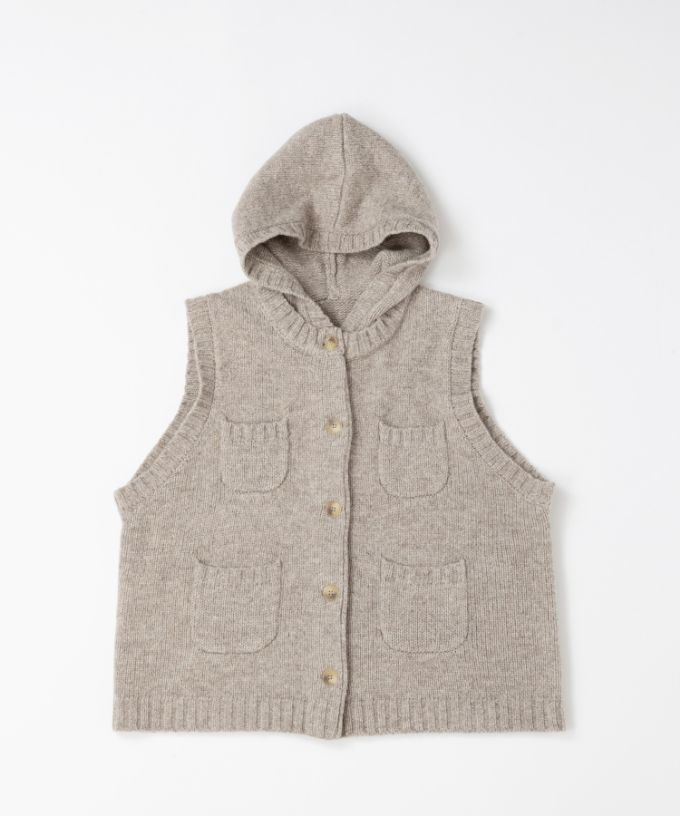 ポリーベスト　ノンミュールジングウールのフード付きベスト