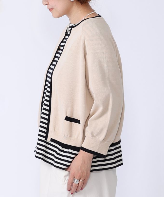 カネルカーデ　バイカラー強撚綿カーディガン