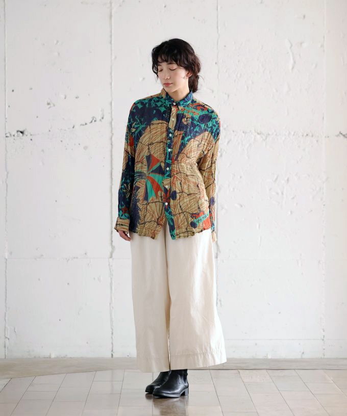 くさしゃつ　さかなのせかい よる ［Kusa Kanmuri　シルクコットンシャツ］