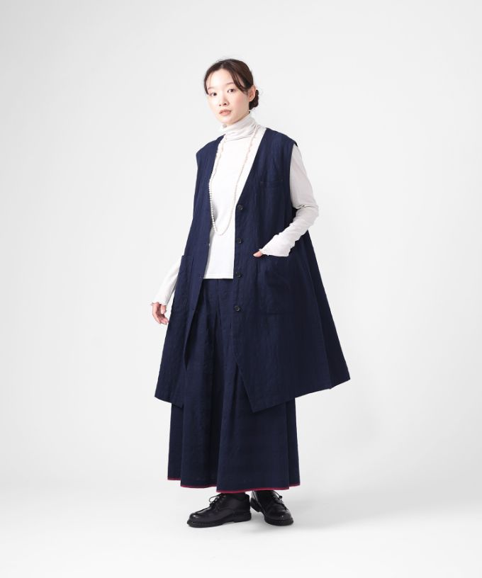 ロカベスト・ネイビー　オリジナルコットンリネンロングジレ