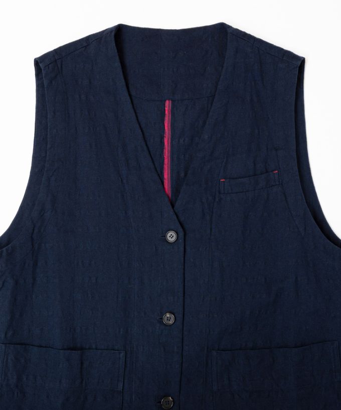 ロカベスト・ネイビー　オリジナルコットンリネンロングジレ