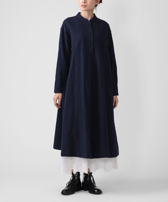 ジェラドレス・ネイビー　オリジナルコットンリネン立襟ドレス