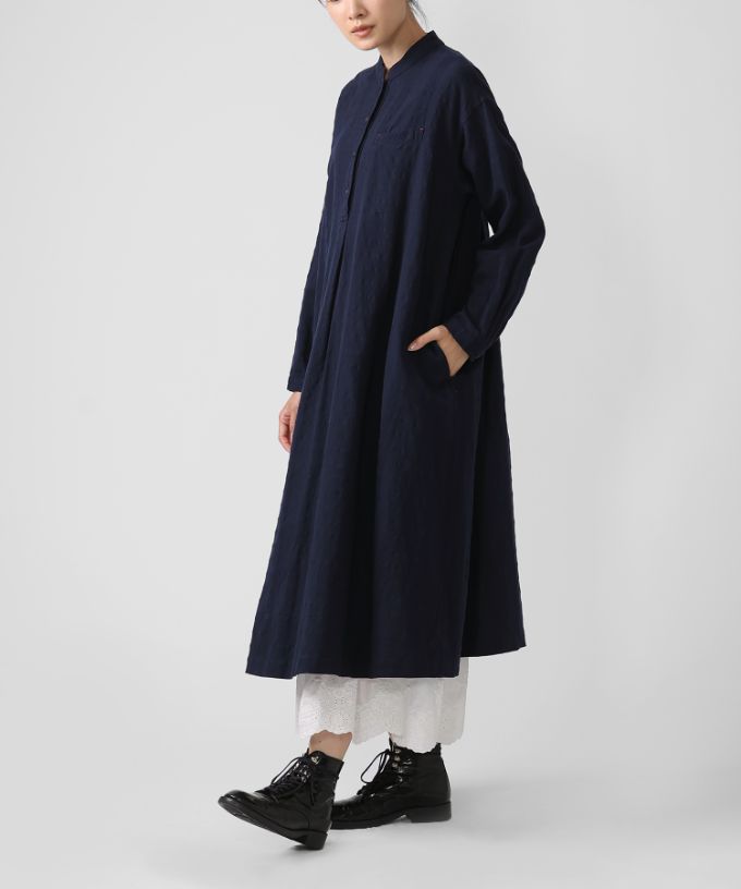 ジェラドレス・ネイビー　オリジナルコットンリネン立襟ドレス