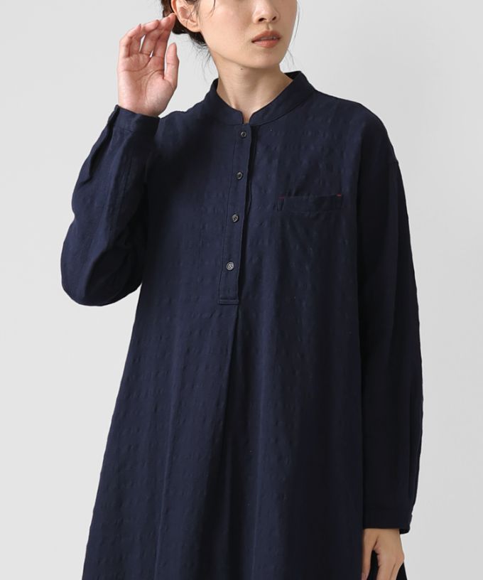 ジェラドレス・ネイビー　オリジナルコットンリネン立襟ドレス