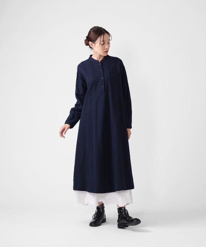 ジェラドレス・ネイビー　オリジナルコットンリネン立襟ドレス