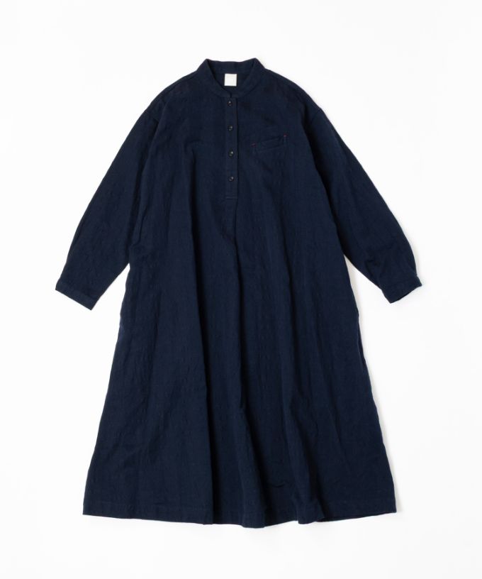 ジェラドレス・ネイビー　オリジナルコットンリネン立襟ドレス