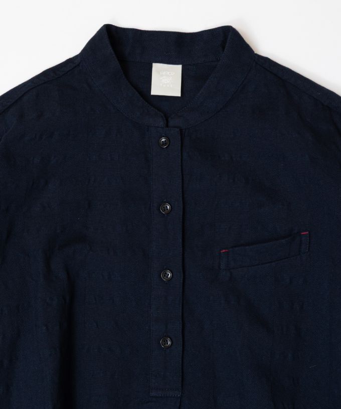 ジェラドレス・ネイビー　オリジナルコットンリネン立襟ドレス