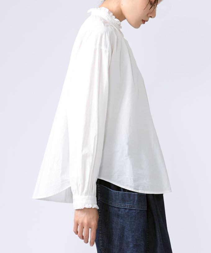 シェリー・E コットンの立ち襟ギャザーブラウス 白/ITEM,JACKET/TOPS