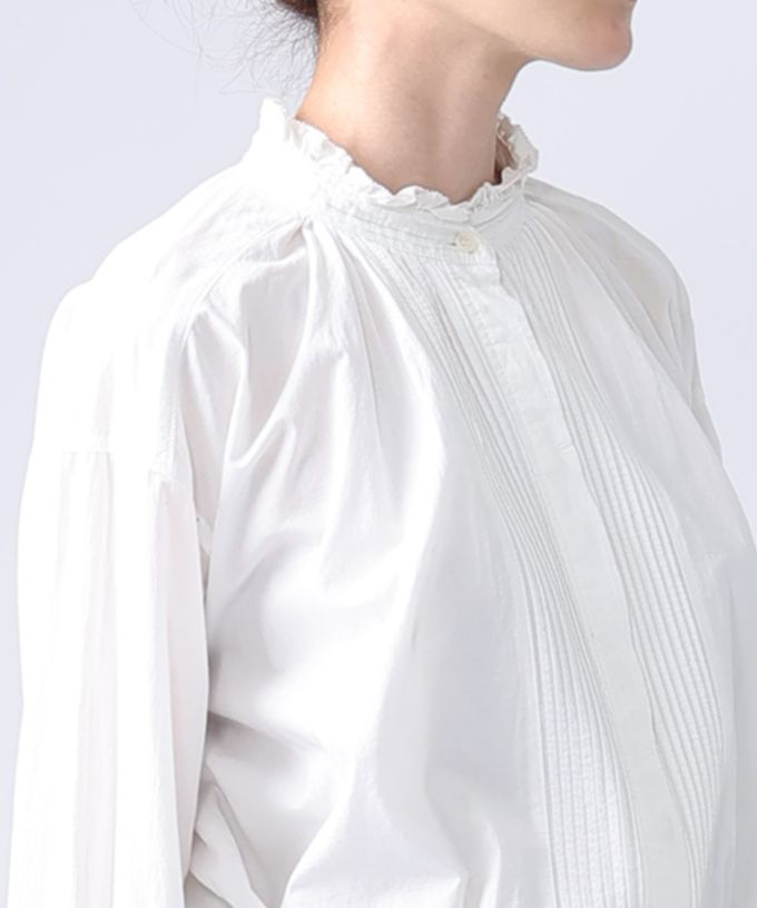 シェリー・E コットンの立ち襟ギャザーブラウス 白/ITEM,JACKET/TOPS