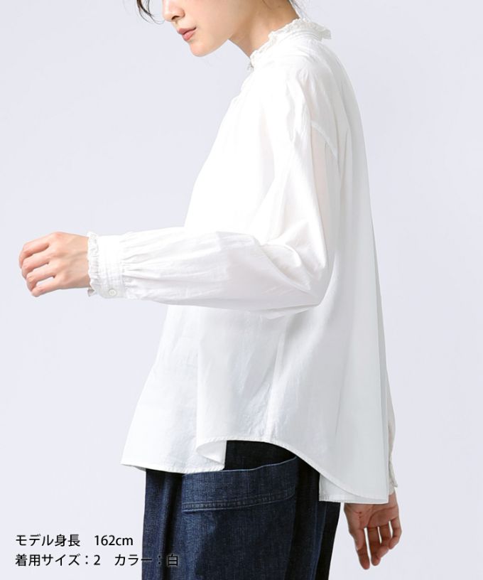 シェリー・E コットンの立ち襟ギャザーブラウス 白/ITEM,JACKET/TOPS