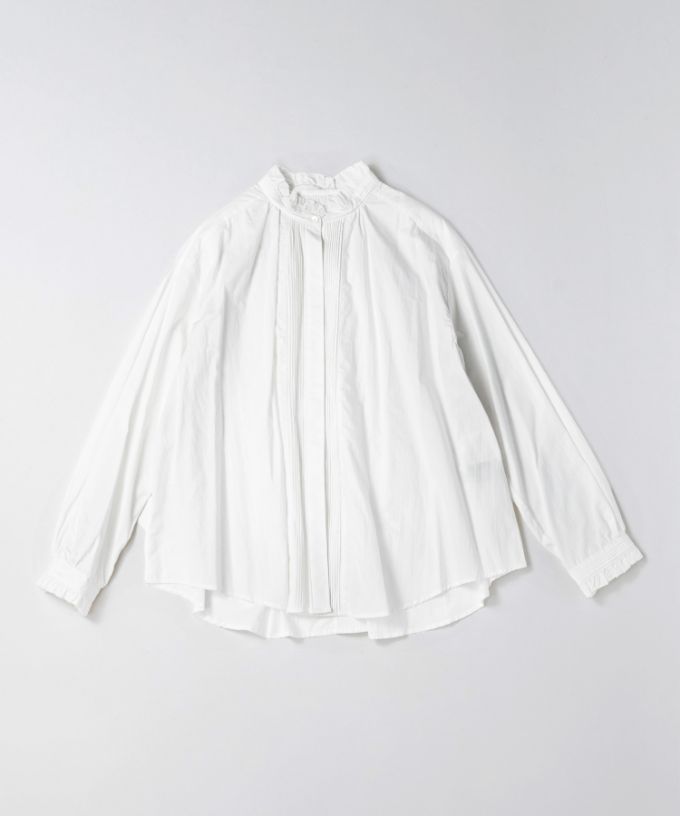 シェリー・E コットンの立ち襟ギャザーブラウス 白/ITEM,JACKET/TOPS