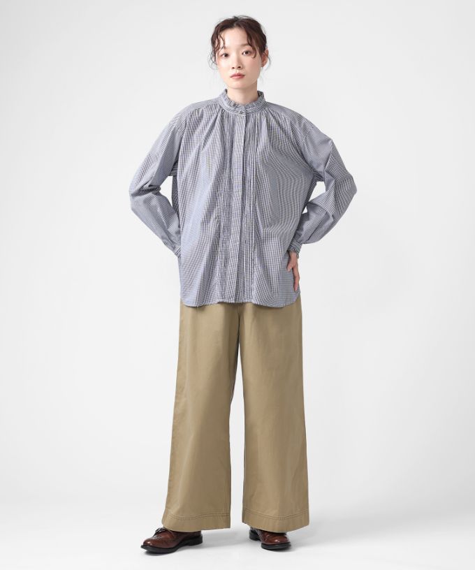 シェリー・F　ギンガムチェックの立ち襟ギャザーブラウス　