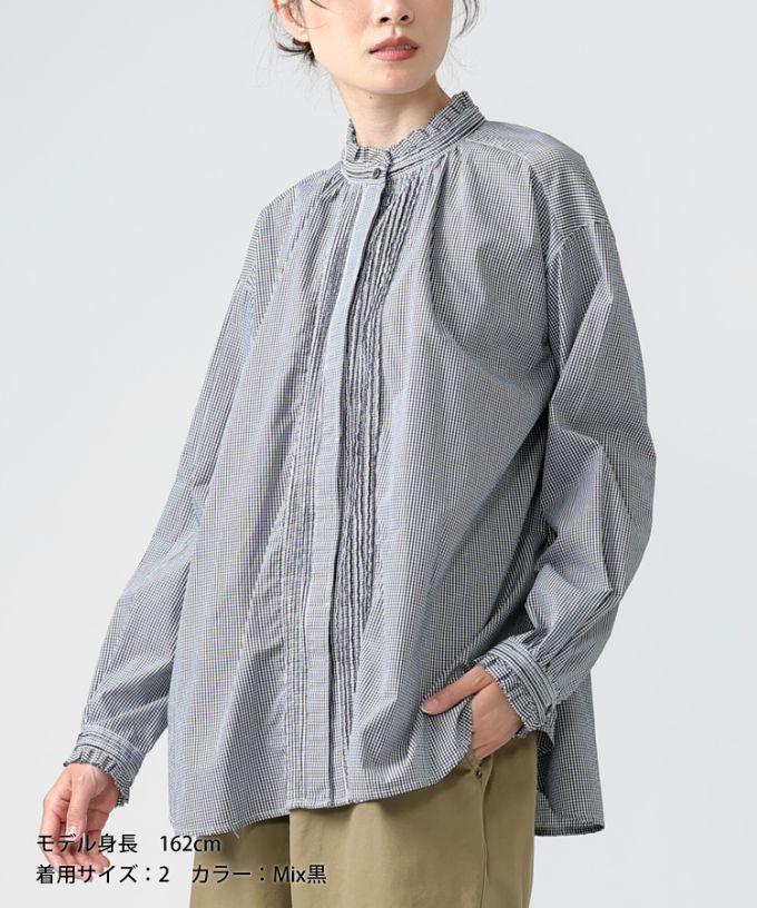 シェリー・F　ギンガムチェックの立ち襟ギャザーブラウス　