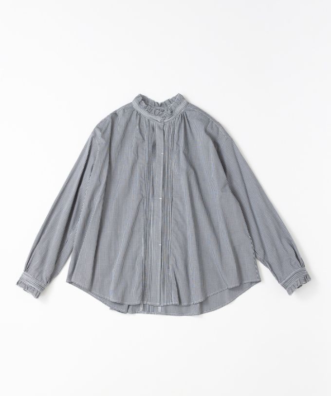シェリー・F　ギンガムチェックの立ち襟ギャザーブラウス　