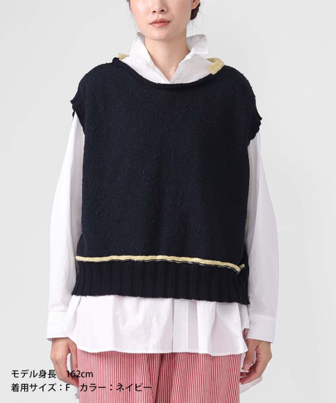 ピテトップ　コットンスラブの配色ニットトップス