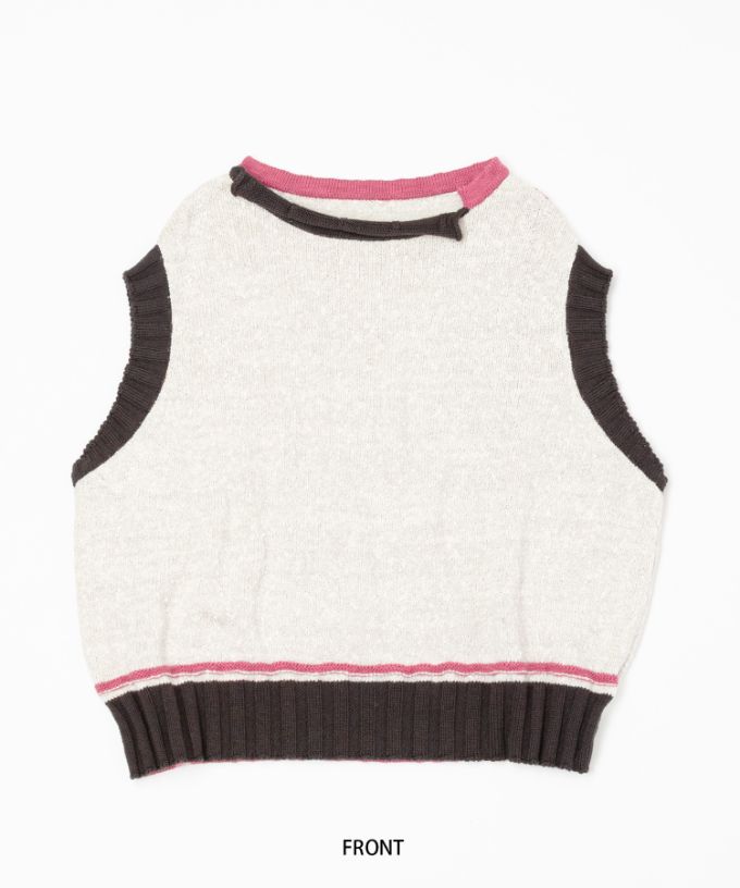 ピテトップ　コットンスラブの配色ニットトップス