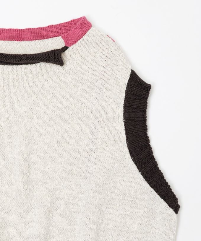 ピテトップ　コットンスラブの配色ニットトップス