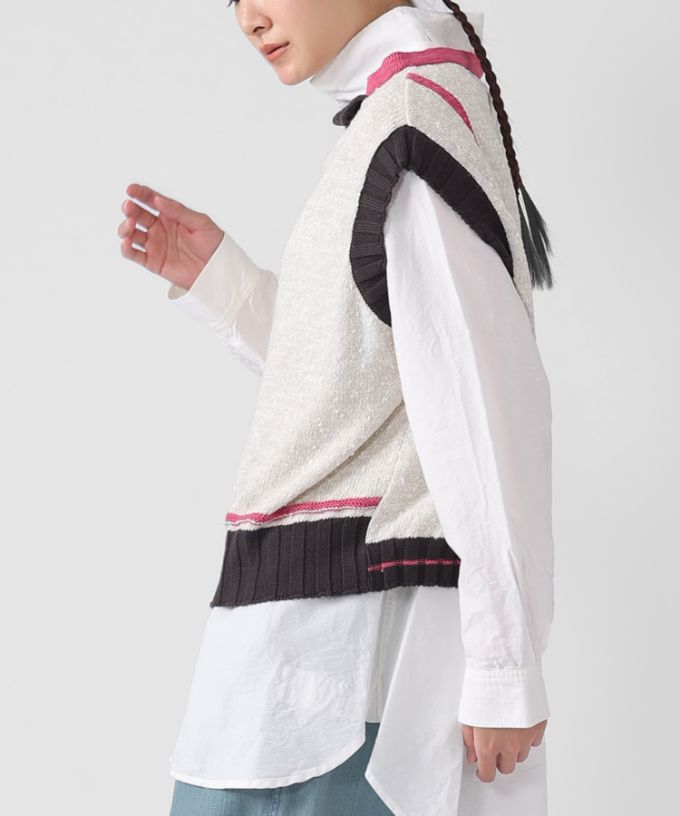 ピテトップ　コットンスラブの配色ニットトップス