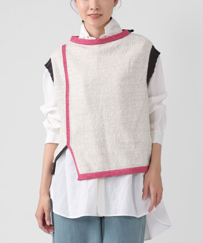 ピテトップ　コットンスラブの配色ニットトップス