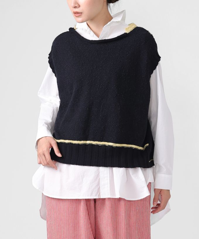 ピテトップ　コットンスラブの配色ニットトップス