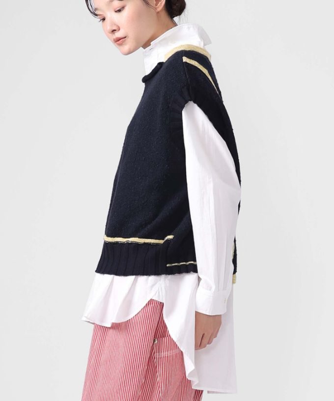 ピテトップ　コットンスラブの配色ニットトップス