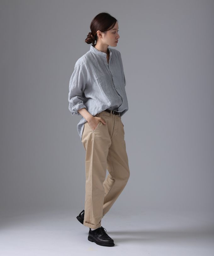 エド［haddow］リネンピンタックバンドカラーシャツ