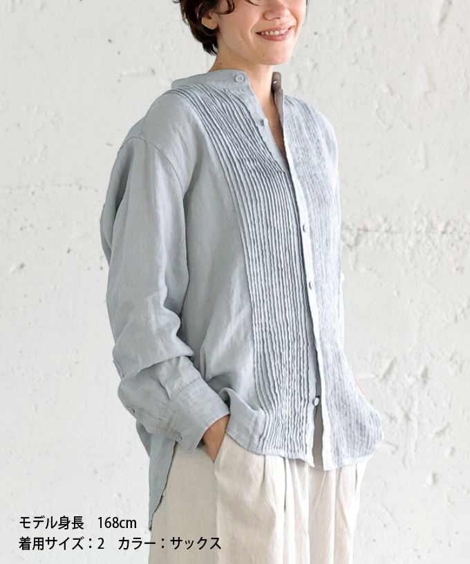 エド［haddow］リネンピンタックバンドカラーシャツ