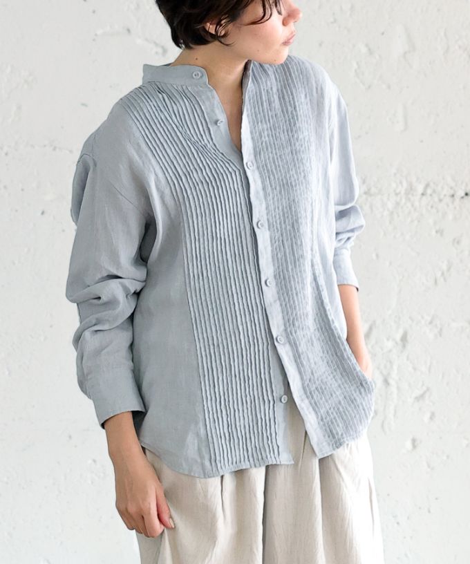 エド［haddow］リネンピンタックバンドカラーシャツ