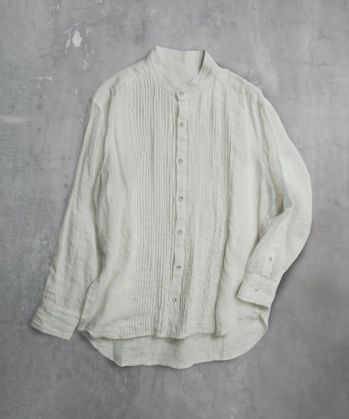 エド［haddow］リネンピンタックバンドカラーシャツ