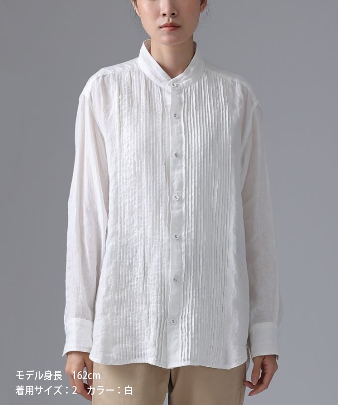 エド［haddow］リネンピンタックバンドカラーシャツ